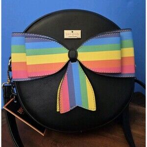 DIOPHY Round Crossbody Bag Black w/ Rainbow Stripe Bow Vegan Leather 9"